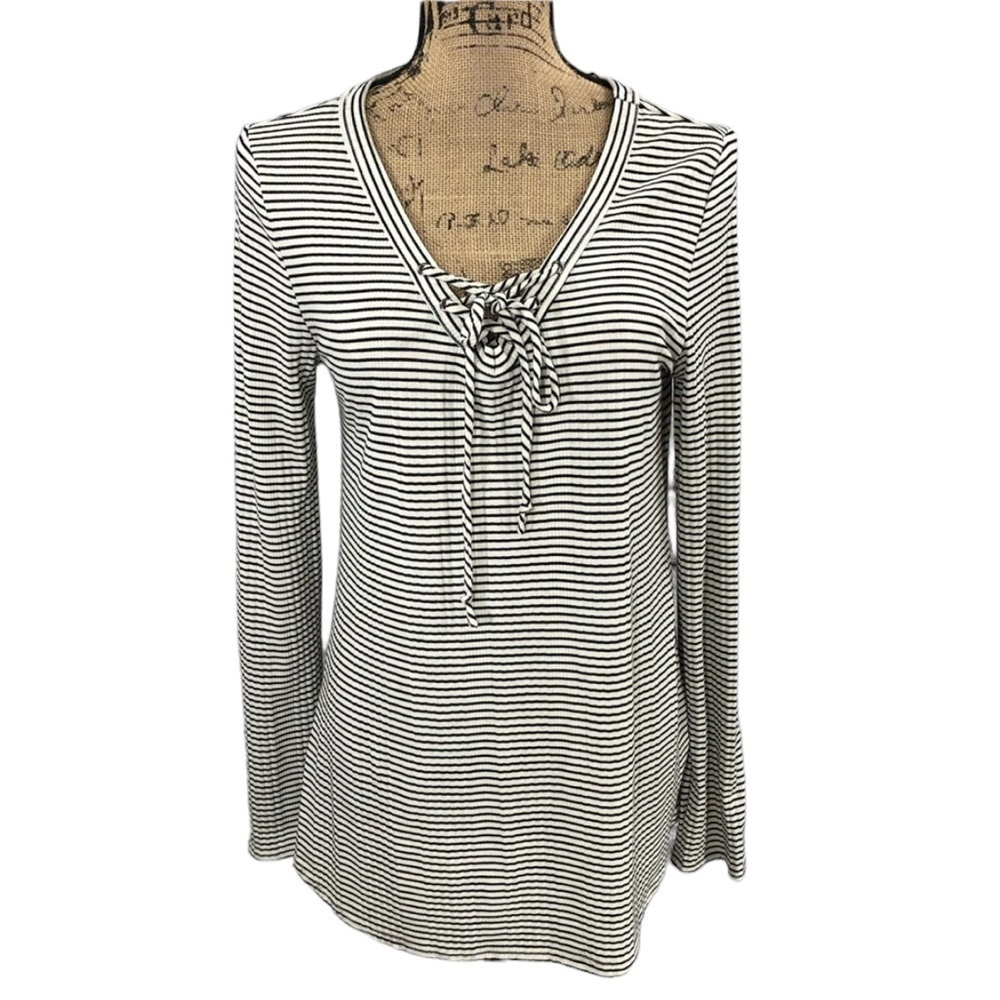12pm by Mon Ami Boho Tie Down Front Striped  Tunic White and Black Size Large